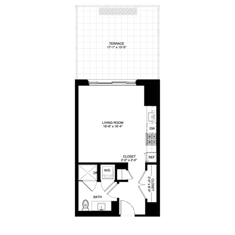 Floor plan for studio, 1 bath, 500 sqft